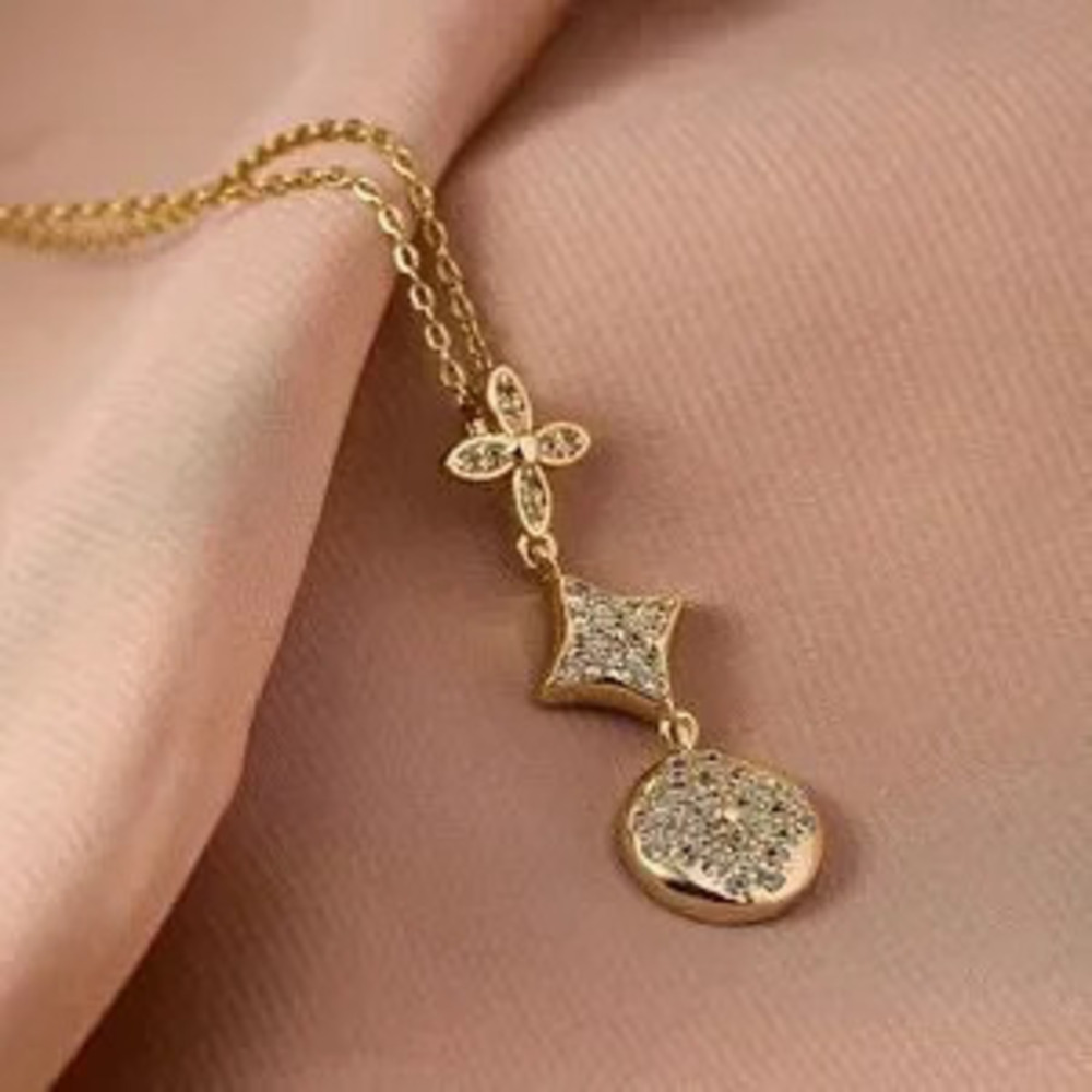 18K Gold Designer Inspired Clover & Flower Pendant Necklace Pave Diamond Inlay